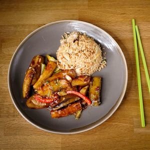 Tofu and Aubergine Stir Fry Served with Egg Noodles (V)