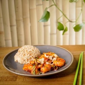 King Prawns Kung Pao Sauce Served with Egg Fried Rice