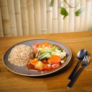 Veggies Sweet and Sour Sauce Served with Egg Fried Rice 