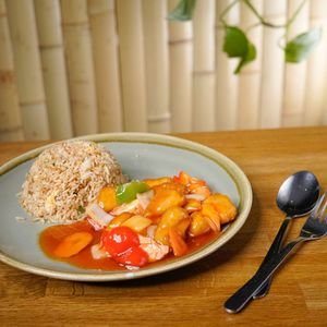 Chicken Sweet and Sour Sauce Served with Egg Fried Rice