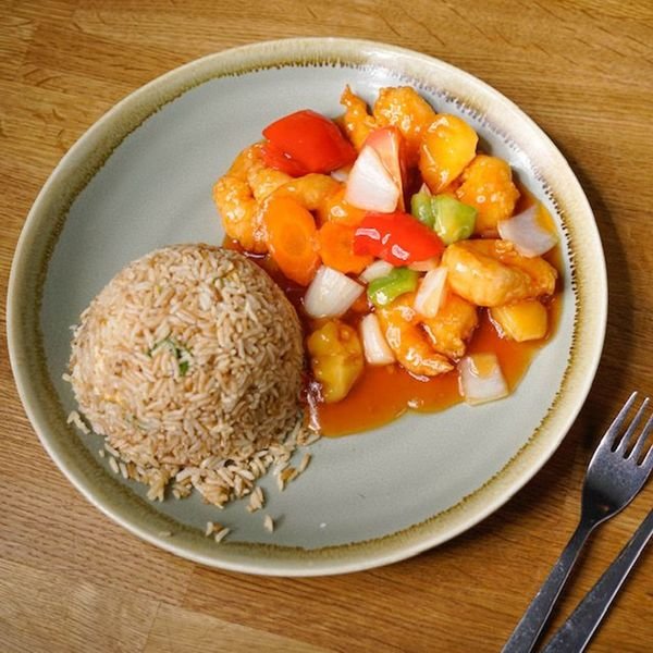 King Prawns Sweet and Sour Sauce Served with Egg Fried Rice